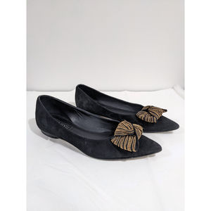 Viajiyu Black Suede Como Gold Stud Bow Pointed Toe Flats Size 37.5 US 7.5